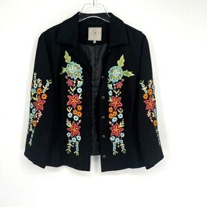 Double D Ranch Leather Jacket Womens M Embroidered Floral Western Boho Black